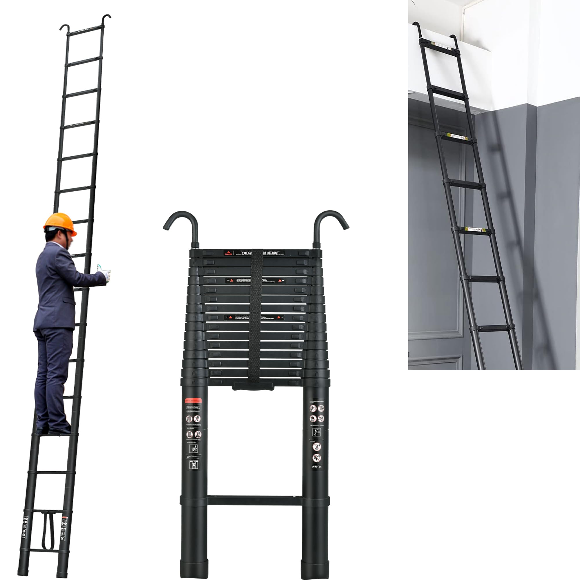 20FT Aluminum Telescoping Ladder - 330lb Capacity Extension Ladder with Non-Slip Feet & 2 Hooks | Multi-Purpose Collapsible Ladder for Home, RV, Loft, Roof Access & Outdoor Projects