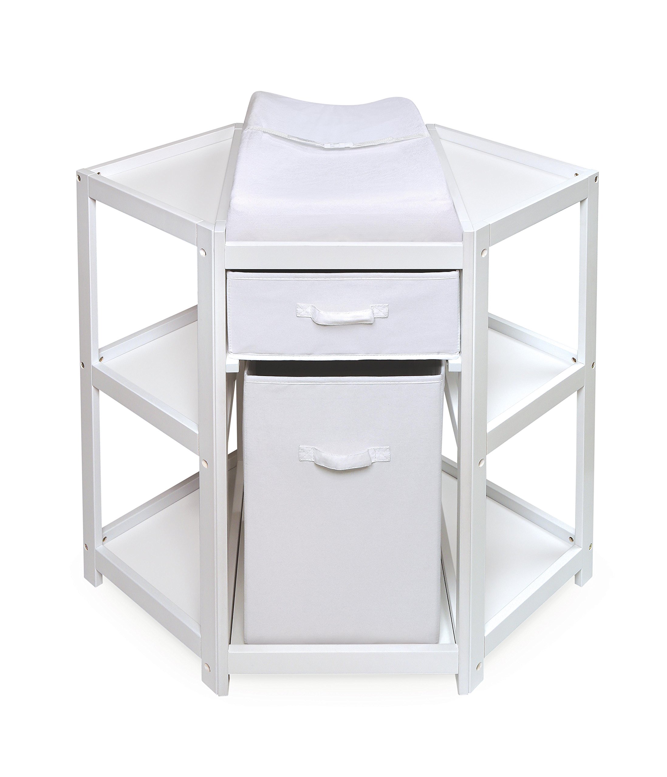 Badger Basket Diaper Corner Baby Changing Table - White Space-Saving Nursery Changing Station with Hamper, Storage Basket & Changing Pad - Perfect for Small Nurseries & Baby Rooms