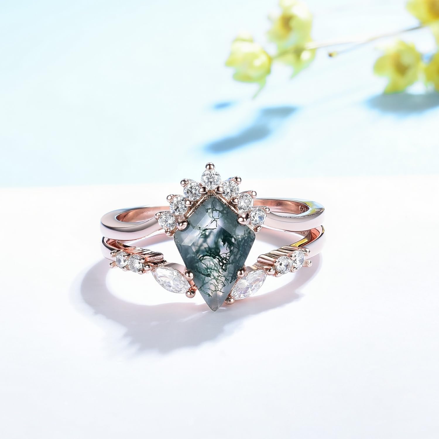 Natural Moss Agate Gemstone 925 Sterling Silver Ring for Women | Kite Cut Engagement Ring Set | Elegant Jewelry for Weddings, Anniversaries & Special Occasions