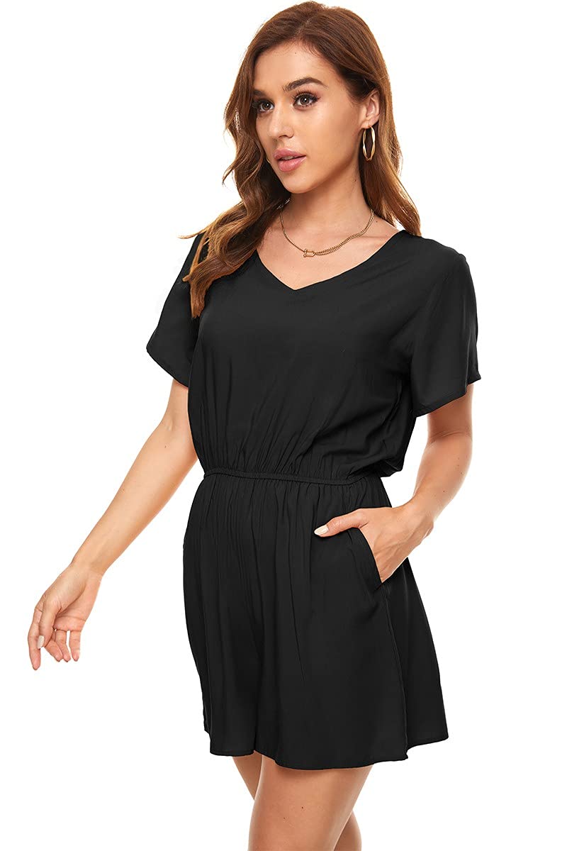 Women's Polka Dot & Leopard Print Jumpsuit - V-Neck Floral Romper with Flutter Sleeves & Pockets | Casual Summer Outfit, Beach Cover-Up, Party Wear