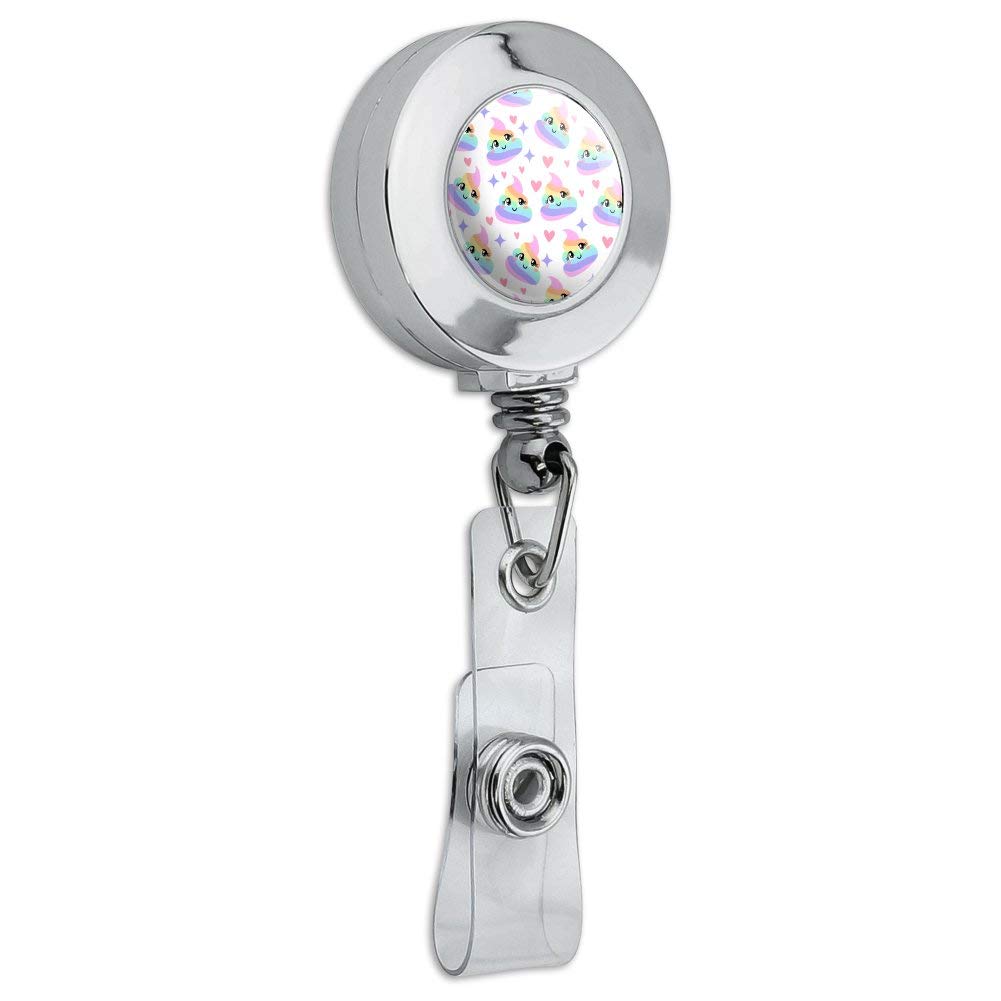 Funny Rainbow Poop Design Retractable ID Badge Holder - Chrome Metal Reel Clip for Office, School, Events & Security Personnel