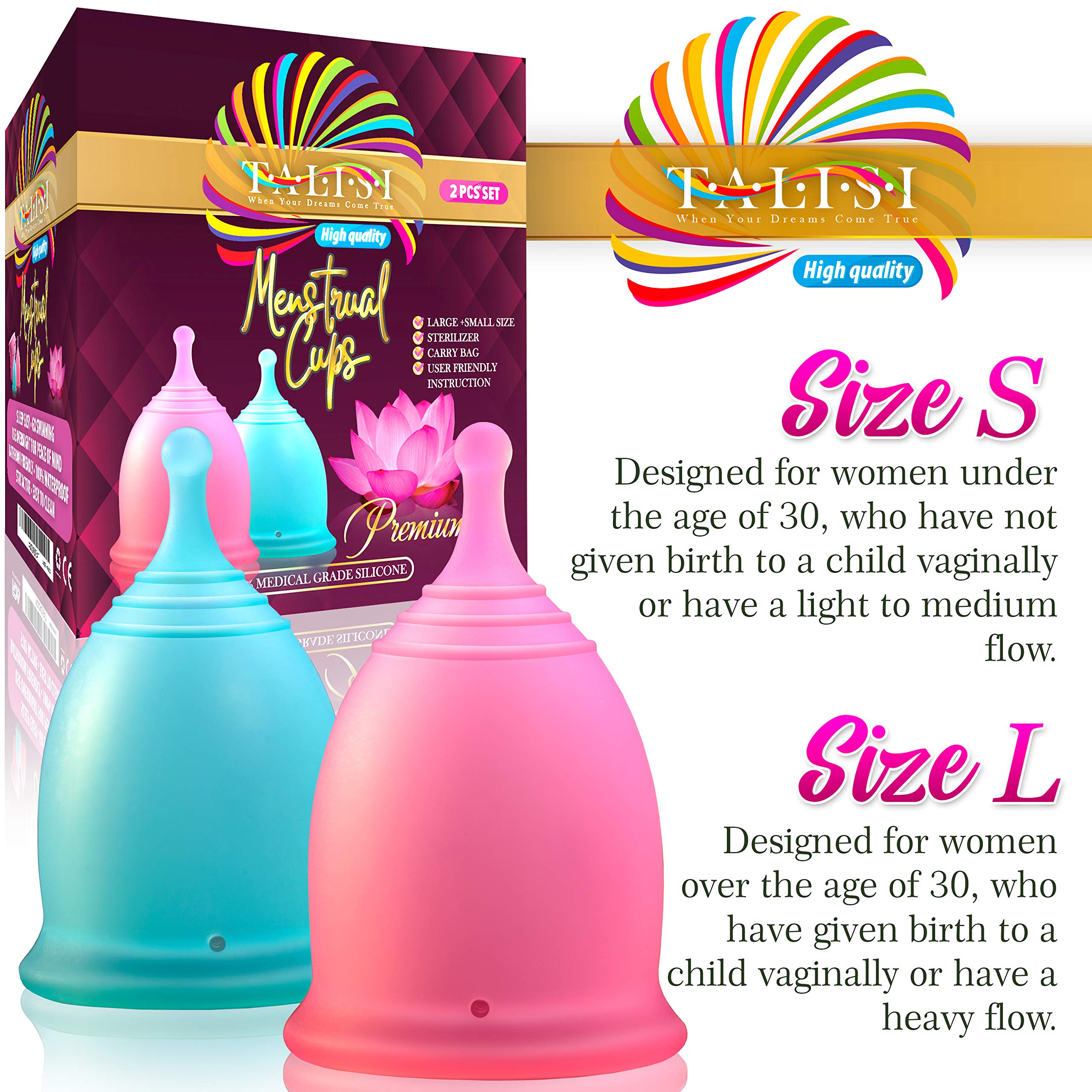 **Talisi Reusable Menstrual Cups Set of 2 - Soft Silicone Foldable Period Cup for Women | Tampon & Pad Alternative | Heavy & Regular Flow | Includes Sterilizing Cup | Ideal for Travel, Gym & Active Lifestyle**