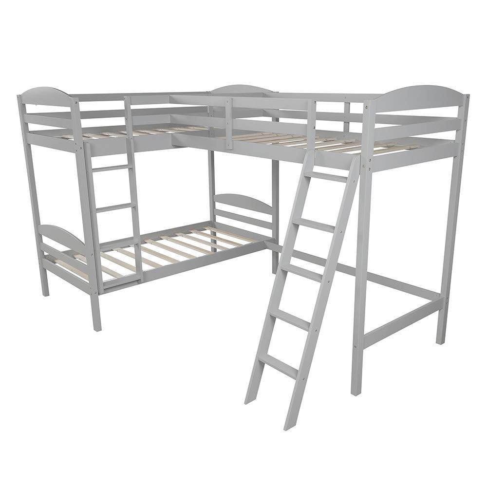 Solid Wood Twin Over Twin L-Shaped Bunk Bed for Kids & Teens with Safety Rail, Ladder & Trundle - Gray (119