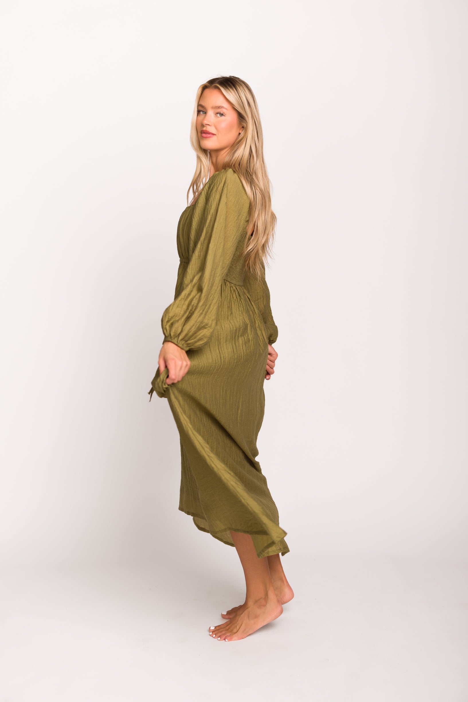 Ariana Women's Olive Long Sleeve Maxi Dress with Slouchy Pocket - Boho Chic Casual Dress for Beach, Vacation & Everyday Wear