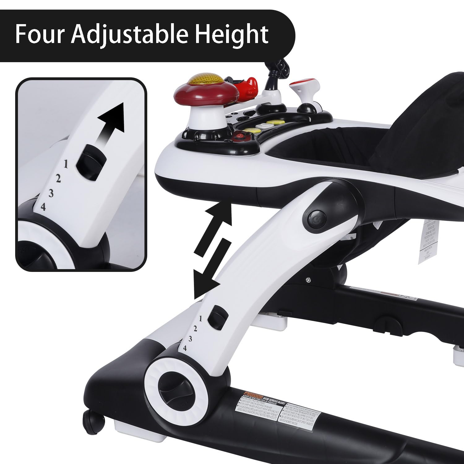 Kinder King 5-in-1 Baby Walker with Music & Lights - Adjustable Height & Seat, Learning-Seated & Walk-Behind Toddler Activity Walker with Safety Bumper & Anti-Rollover Design (Black) - Perfect for Early Learning, Playtime & First Steps