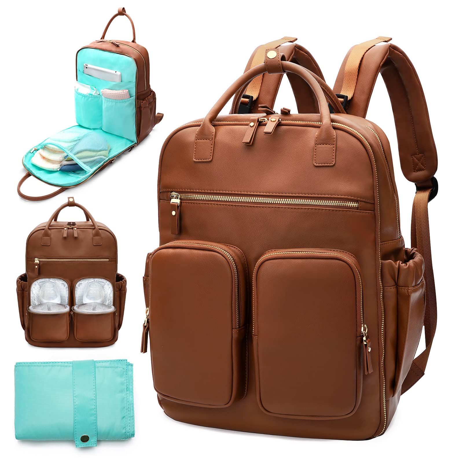 Premium Leather Diaper Backpack for Moms & Dads - 18 Pockets, 4 Insulated Compartments, Changing Station & Stroller Straps (Brown-Grey) - Perfect Baby Travel Bag for Boys & Girls, Ideal for Daycare, Family Outings & Airplane Travel