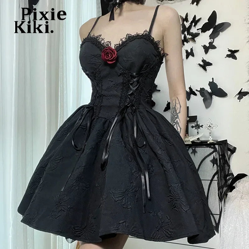 Black Jacquard Cami Dress for Women - Gothic Lolita V-Neck Bandage Mini Dress | Perfect for Halloween, Cosplay & Night Out Parties