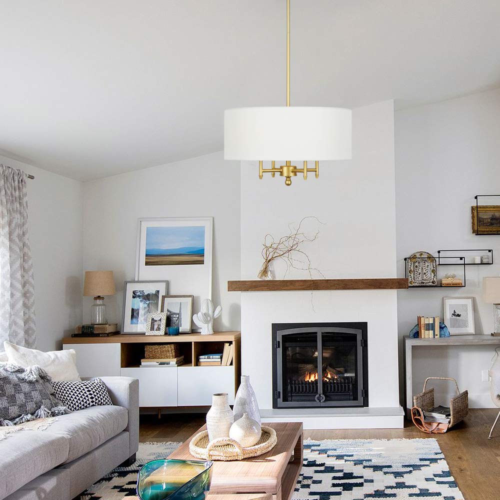4-Light Modern Gold Chandelier with White Linen Drum Shade - 17.7