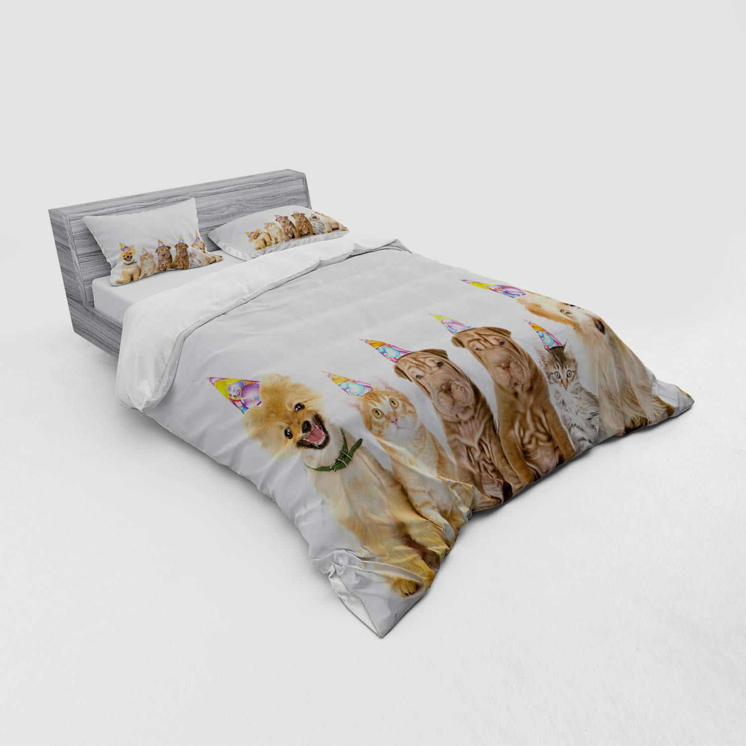 Ambesonne Birthday Party Duvet Cover Set - Fun Shelter Dogs & Terrier Cats with Cone Hats Print, 4-Piece Queen Size Bedding Set with Shams & Fitted Sheet, Vibrant Multicolor | Perfect for Birthday Celebrations, Themed Bedrooms & Unique Gift Ideas