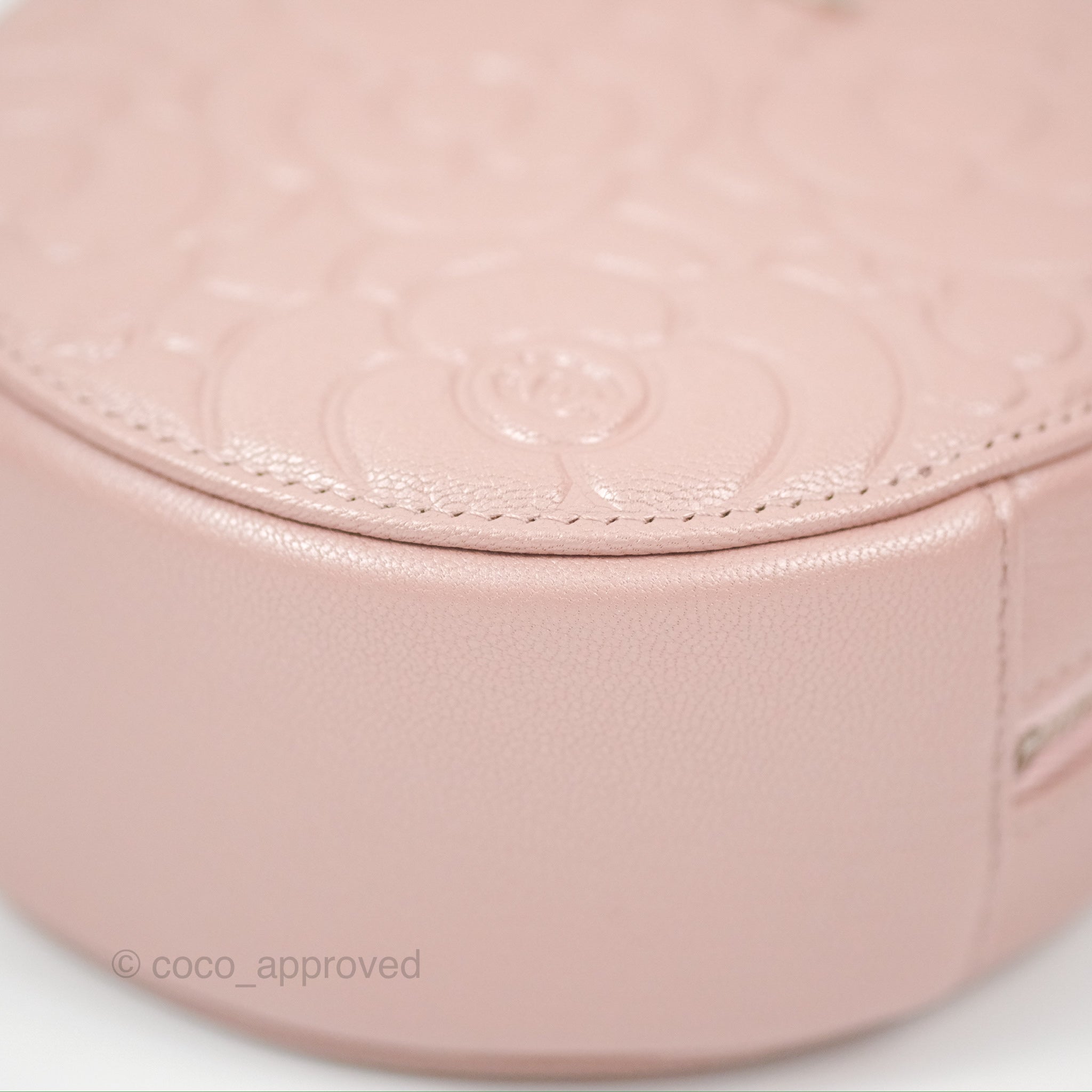 Chanel Camellia Embossed Round Clutch Bag with Chain - Iridescent Light Pink Goatskin Leather & Silver Hardware | Evening Party, Wedding, Special Occasion Accessory
