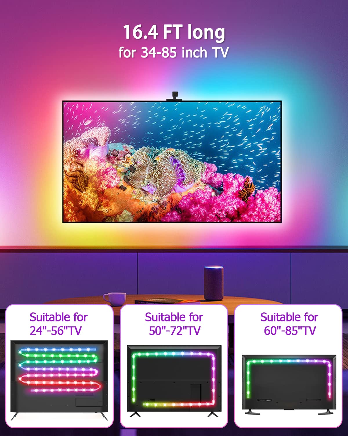 Daymeet 16.4FT RGB LED TV Backlight Strip - Smart Bluetooth App Control with Remote, USB Music Sync, Color Changing Lights for 45-85 Inch TVs - Perfect for Bedroom Ambient Lighting & Home Theater Setup