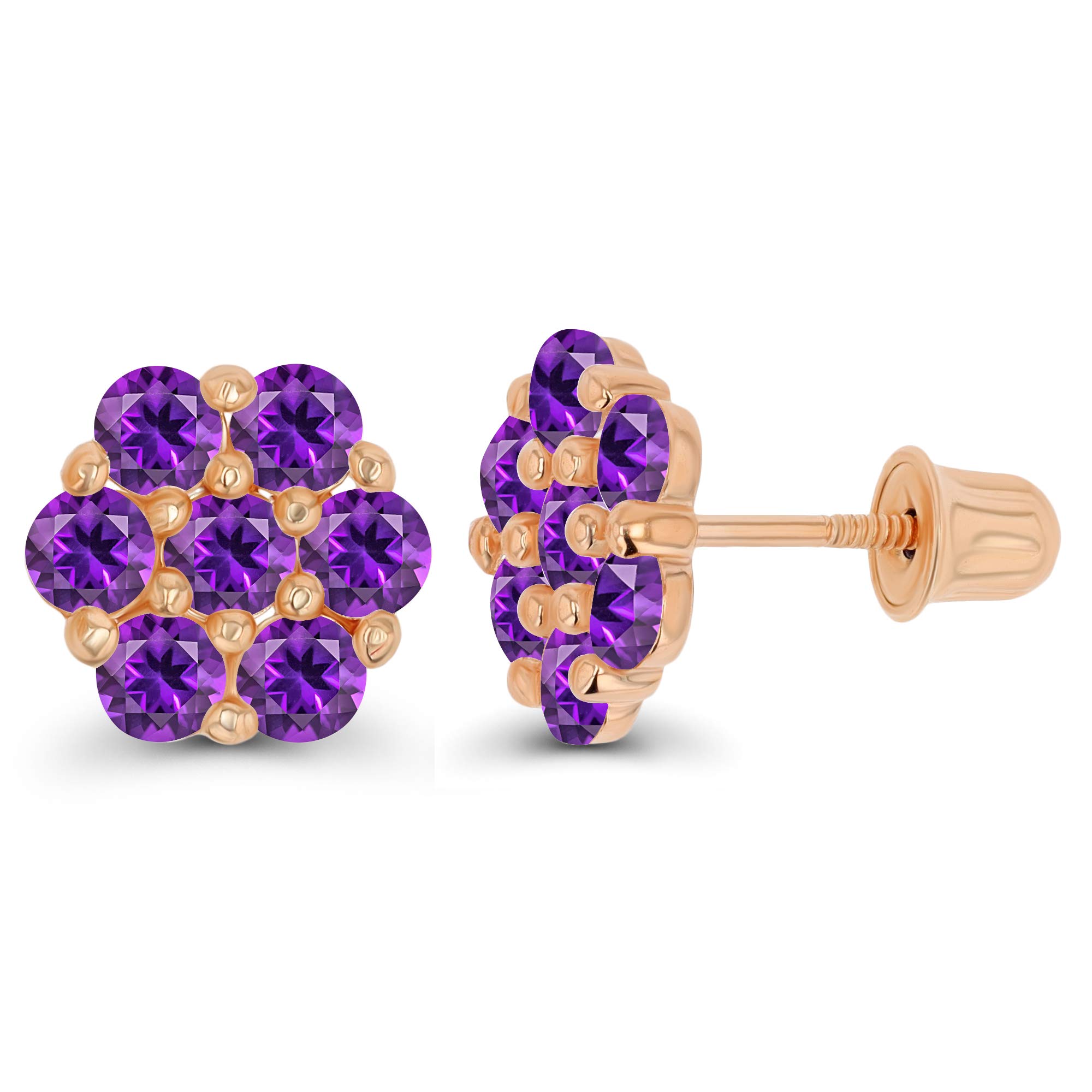 14K Gold 8mm Cluster Natural Birthstone Flower Screwback Stud Earrings for Women | Round Birthstone Jewelry | Elegant Gift for Birthday, Anniversary & Special Occasions