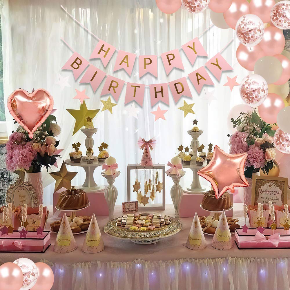 Elegant Rose Gold Birthday Party Decorations Set - Happy Birthday Banner, Confetti, Balloons & Tassels for Girls | Perfect for Birthday Celebrations, Baby Showers & Special Events