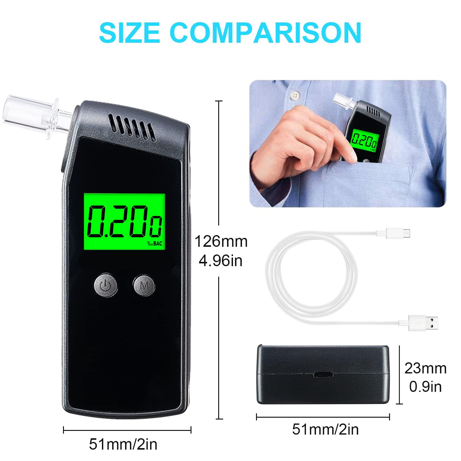 Professional Breathalyzer with High Accuracy - USB Rechargeable Alcohol Tester, Portable Digital LCD Display & 10 Disposable Mouthpieces - Perfect for Personal Safety, Workplace Testing & DUI Prevention