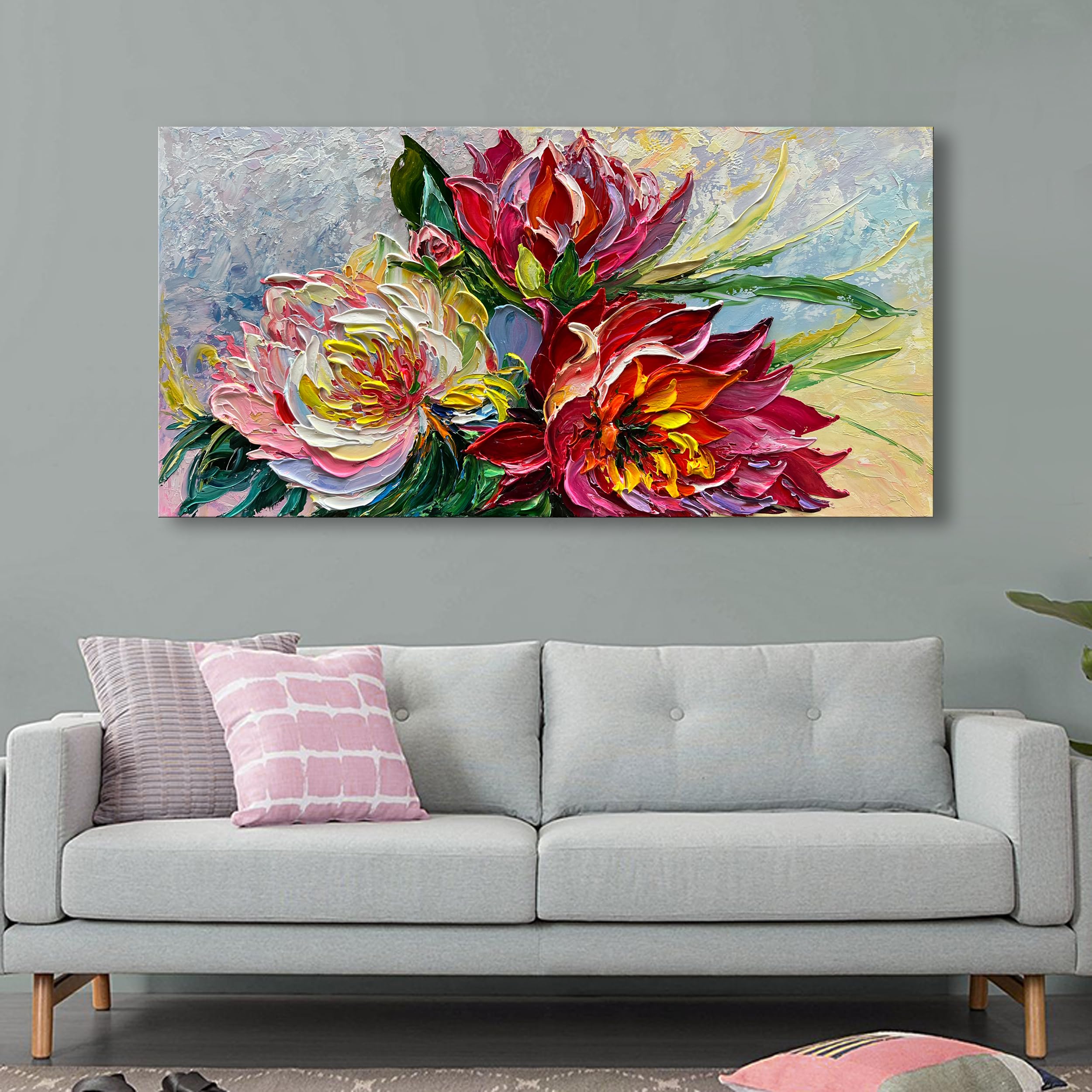 Hand Painted Red Flowers Abstract Oil Painting on Canvas 24x48 Inch - Thick Texture Wall Art Decor for Living Room, Bedroom & Office