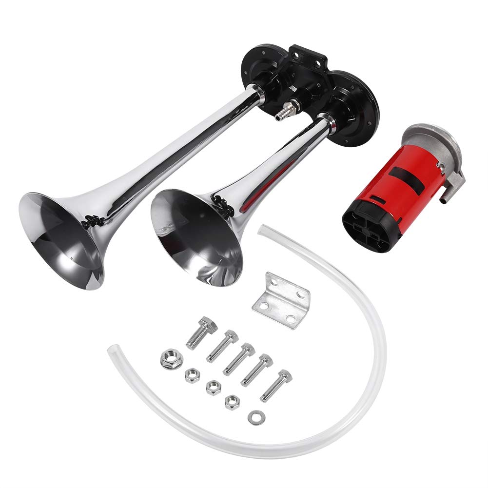 12V 150dB Super Loud Dual Trumpet Air Horn with Compressor Kit for Car, Truck, Boat - Heavy Duty Vehicle Warning System for Emergency & Safety Use