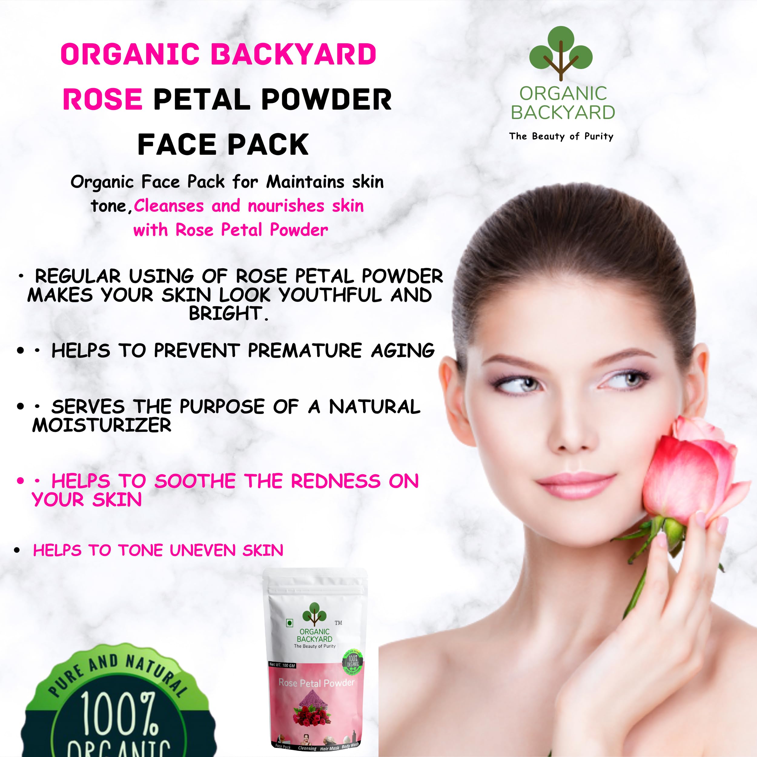 100% Organic Rose Petal Powder for Face Care - Natural Skincare Treatment for Glowing Skin | DIY Face Masks, Soaps & Beauty Recipes | Perfect for Sensitive Skin & Anti-Aging Routine