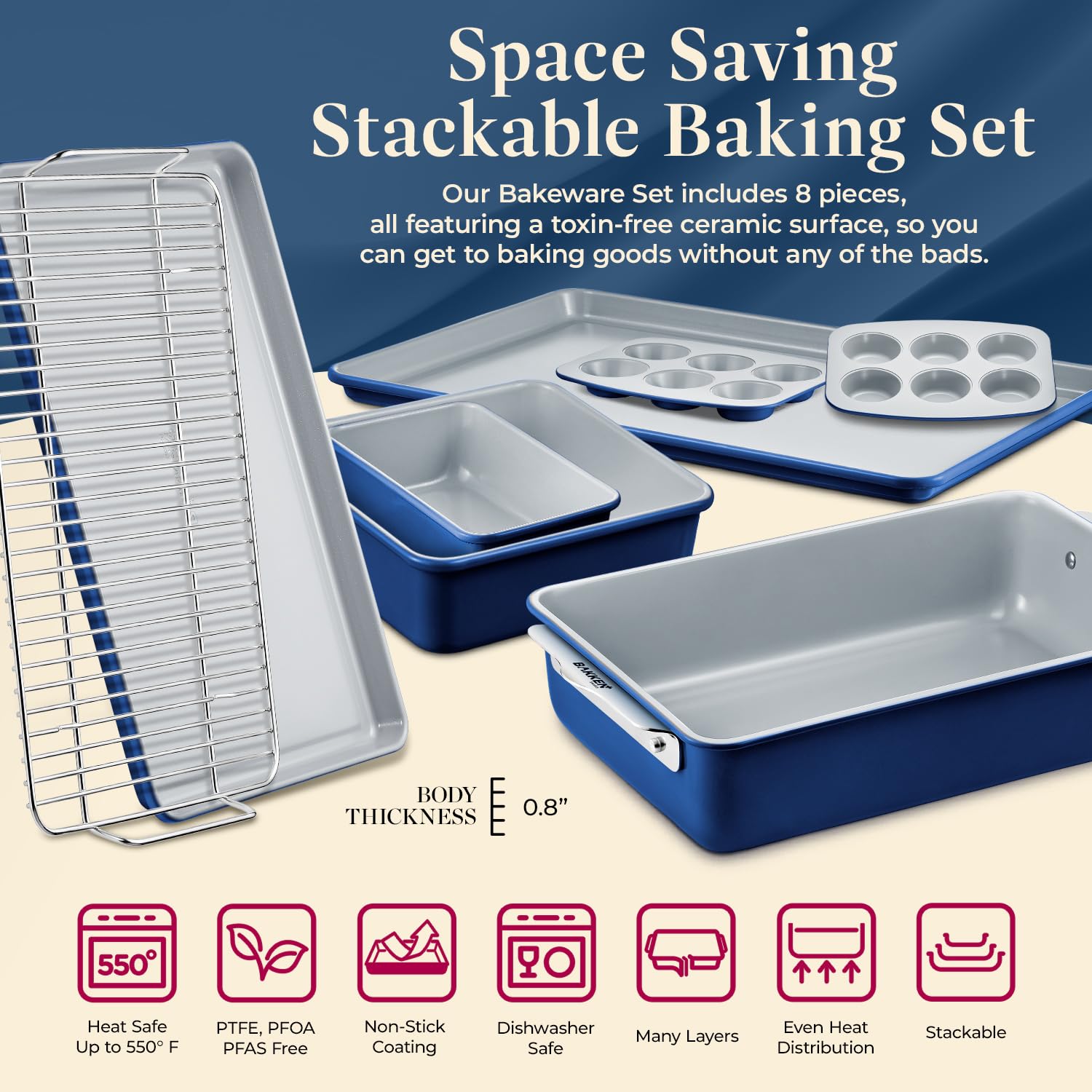 Bakken 8-Piece Stackable Bakeware Set - Non-Tick Ceramic Baking Sheets & Pans, PTFE/PFOA/PFOS Free - Oven Safe, Ergonomic Handles with Cooling Rack for Healthy Baking | Perfect for Cookies, Cakes, Bread & Family Gatherings