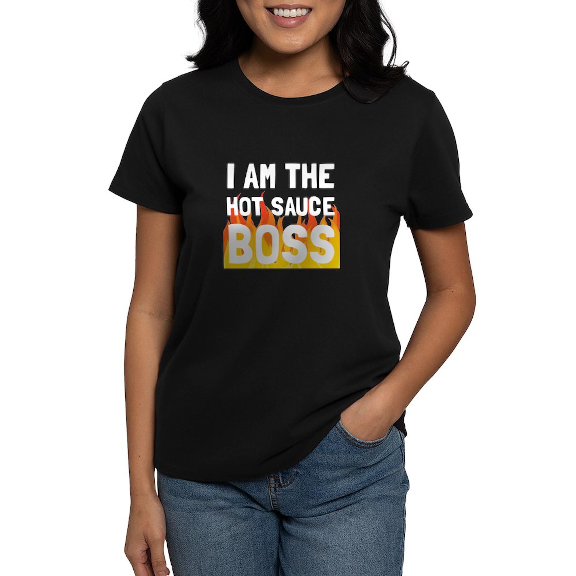 Hot Sauce Boss Women's Cotton Dark T-Shirt | Funny Spicy Food Lover Tee | Perfect for Cooking Enthusiasts & Hot Sauce Fans