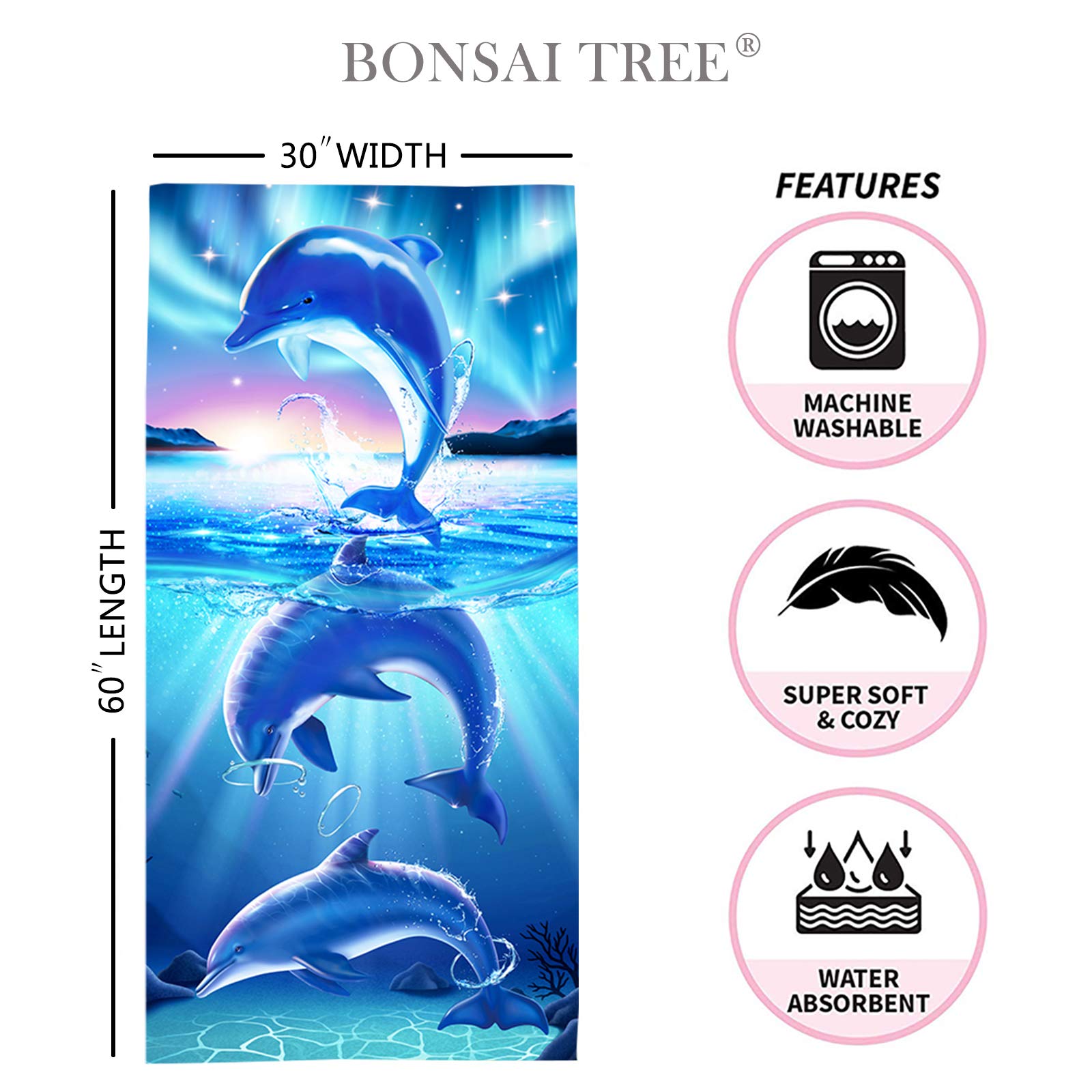 Wolf Beach Towel - Bonsai Tree & Dream Catcher Design - Microfiber Quick Dry Sand Free Bath Towel 30x60 Inches - Cool Blue Purple Galaxy Space Animal Print for Men, Boys & Kids - Perfect for Pool, Beach, Travel & Sports Activities