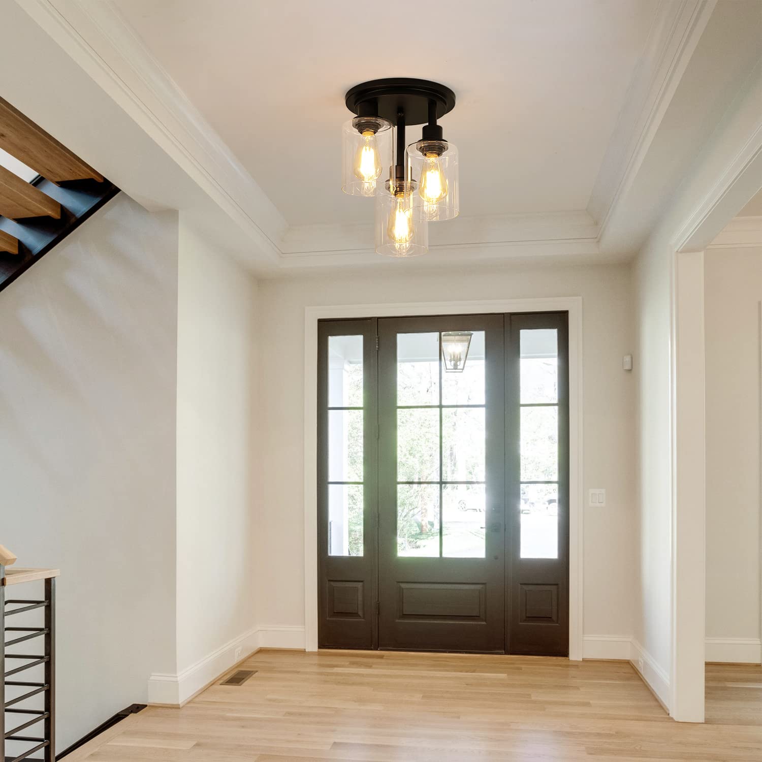 3WWWUEE 3-Light Semi Flush Mount Ceiling Fixture - Clear Glass Shade with Matte Black Finish - Farmhouse Industrial Rustic Lighting for Hallway, Kitchen Island, Entryway & Bedroom - E26 Socket - 11.2 Inch - Perfect for Dining Rooms, Living Rooms and Home Decor