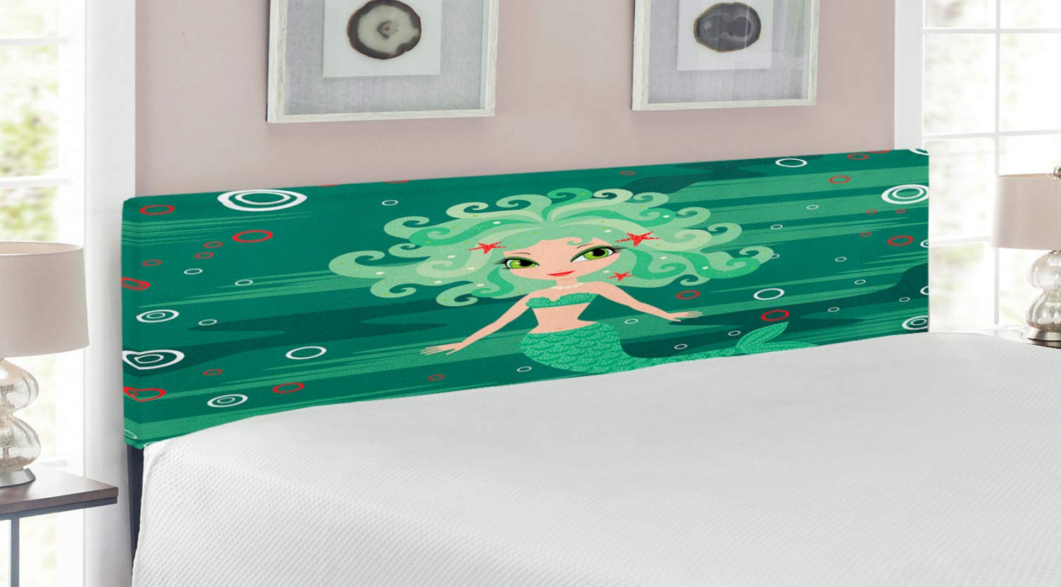 Ambesonne King Size Upholstered Metal Bed Headboard with Memory Foam - Underwater Mermaid Cartoon Print, Water Bubbles & Starfish Design, Green - Perfect for Kids' Rooms, Beach-Themed Bedrooms & Fantasy Decor
