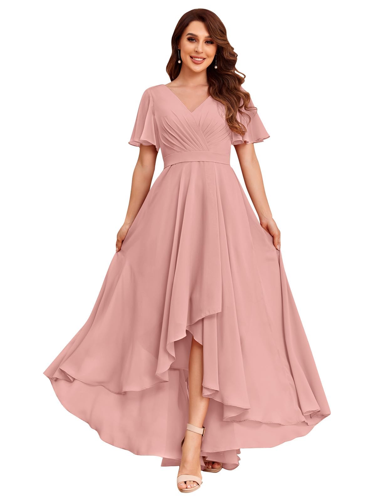 Elegant V-Neck Long Chiffon Bridesmaid Dresses with Sleeves for Weddings & Formal Events - Perfect for Bridal Party, Evening Gowns & Special Occasions