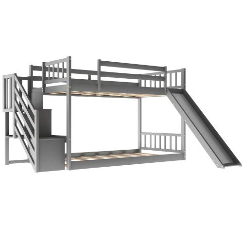 Twin Over Twin Floor Bunk Bed with Convertible Slide & Stairway - Solid Wood Low Bunk Bed with Storage Shelves & Handrail (Gray) - Perfect for Kids' Bedroom, Guest Room & Space-Saving Small Rooms