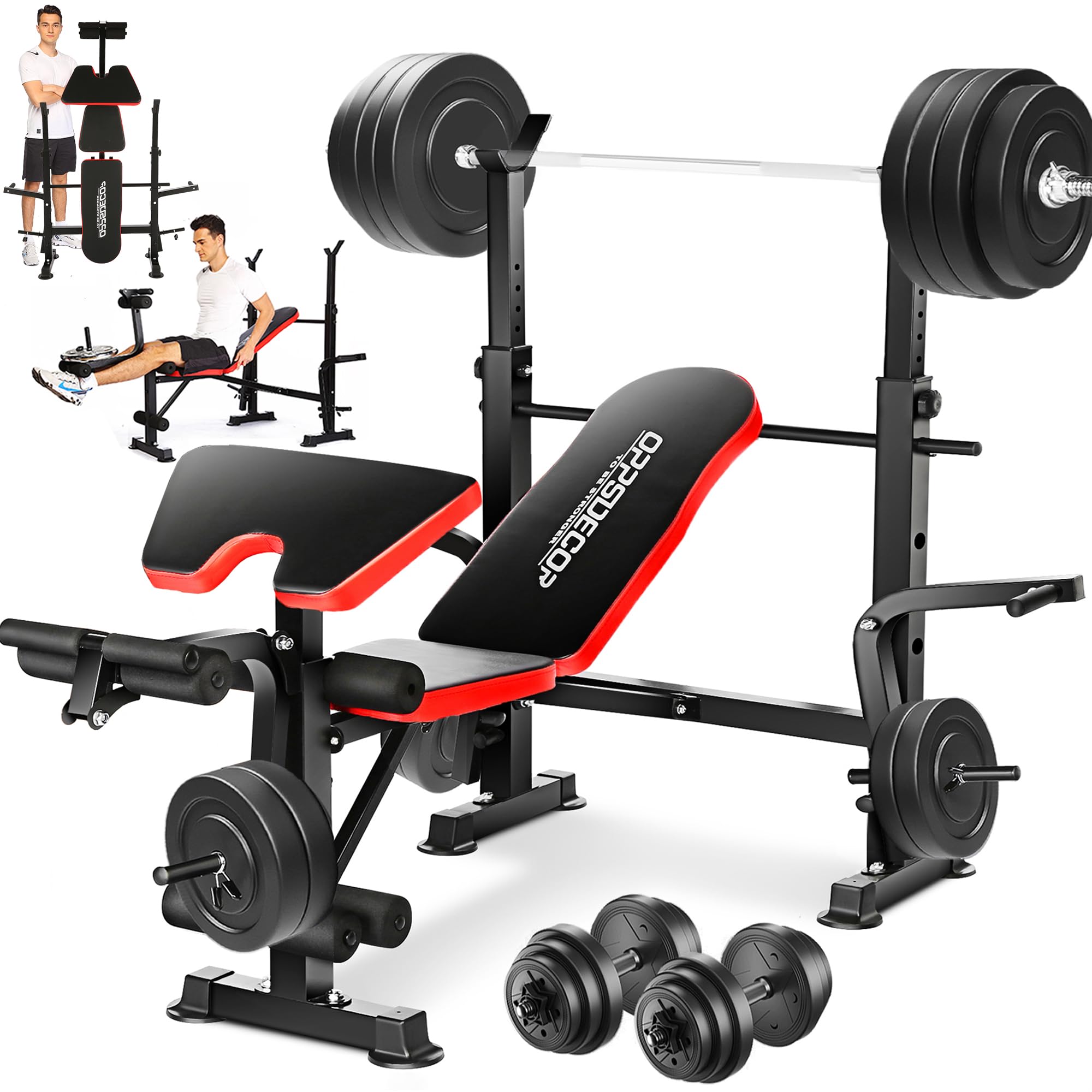 OPPSDECOR 6-in-1 660lbs Weight Bench Set with Squat Rack & Barbell Stand - Adjustable Incline Strength Training Workout Bench with Leg Developer & Preacher Curl Attachment for Home Gym - Perfect for Full-Body Workouts, Strength Training & Muscle Building at Home