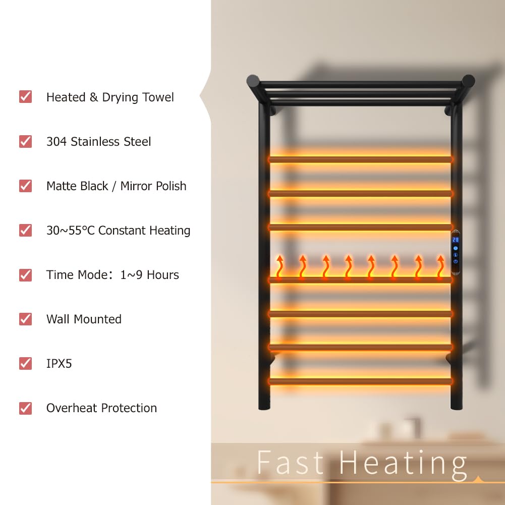 Smart Heated Towel Rack with APP & Remote Control - 10 Bar Wall Mounted Electric Towel Warmer with Timer for Bathroom Spa (Matte Black) | Perfect for Luxury Bathrooms, Hotels & Home Saunas