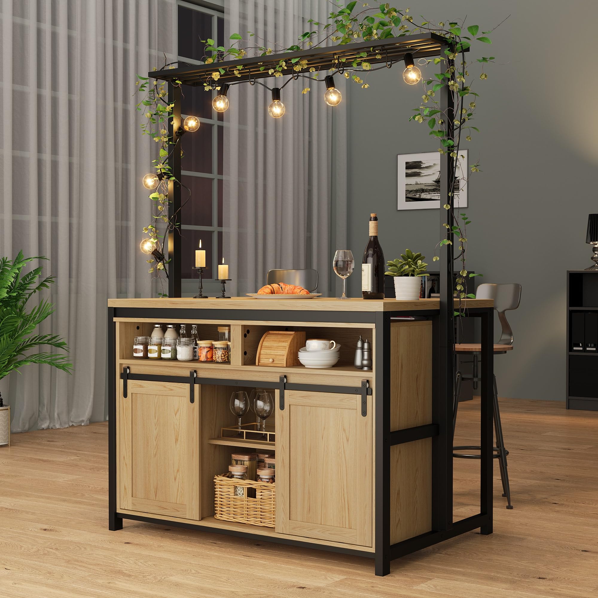 GAOMON Wooden Kitchen Island with Sliding Barn Door - Heavy Duty Large Kitchen Cabinet with 4 Hooks & Storage | Multi-Functional Bakers Rack for Dining Room & Kitchen | Perfect for Entertaining, Food Prep & Extra Storage Space