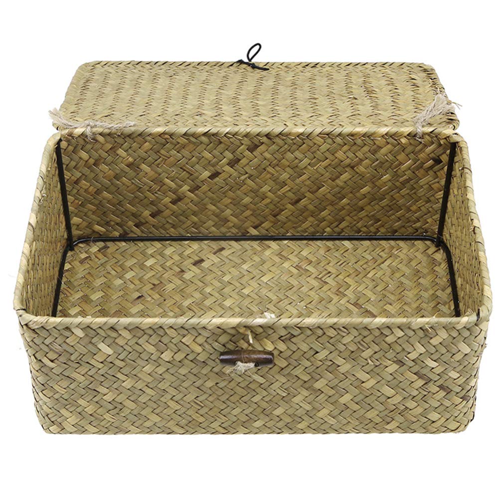 Handwoven Seagrass Storage Basket with Lid - Rectangular Rattan Woven Organizer Bin for Wardrobe, Bathroom & Home Decor (Medium Size) | Eco-Friendly Home Organization Solution for Bedroom, Closet & Shelf Storage