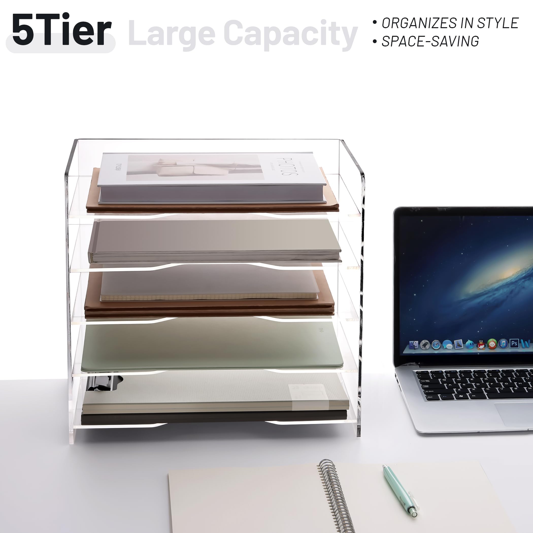 5-Tier Clear Acrylic Desk File Organizer with Handle - Letter Tray Paper Document Holder for Office, Home & Classroom - Perfect for Organizing Mail, Bills, Schoolwork & Office Supplies