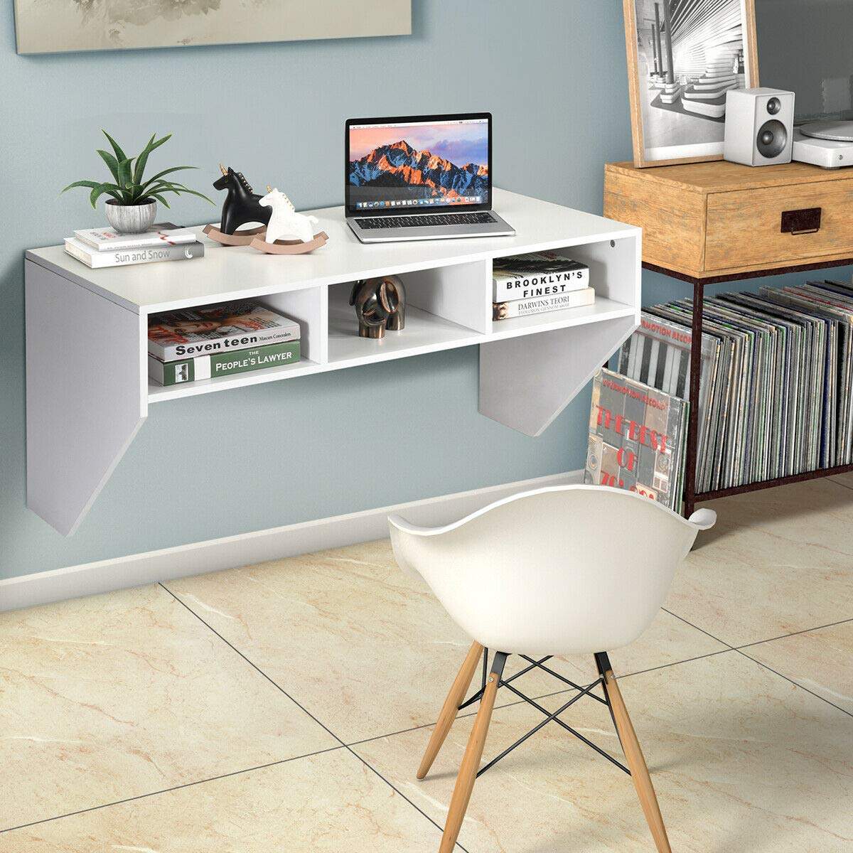Wall Mounted Floating Desk with Storage Shelf - Space Saving Computer Table for Home Office, Living Room & Bedroom - White Home Office Furniture (Perfect for Small Spaces & Modern Interior Design)