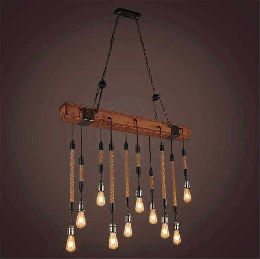NIUYAO Industrial Retro Rustic Linear Wooden Island Pendant Light - Adjustable 10-Light Chandelier for Kitchen, Dining Room, Bar & Living Room | Farmhouse Ceiling Lighting Fixture | Perfect for Kitchen Islands, Breakfast Nooks & Open Concept Spaces