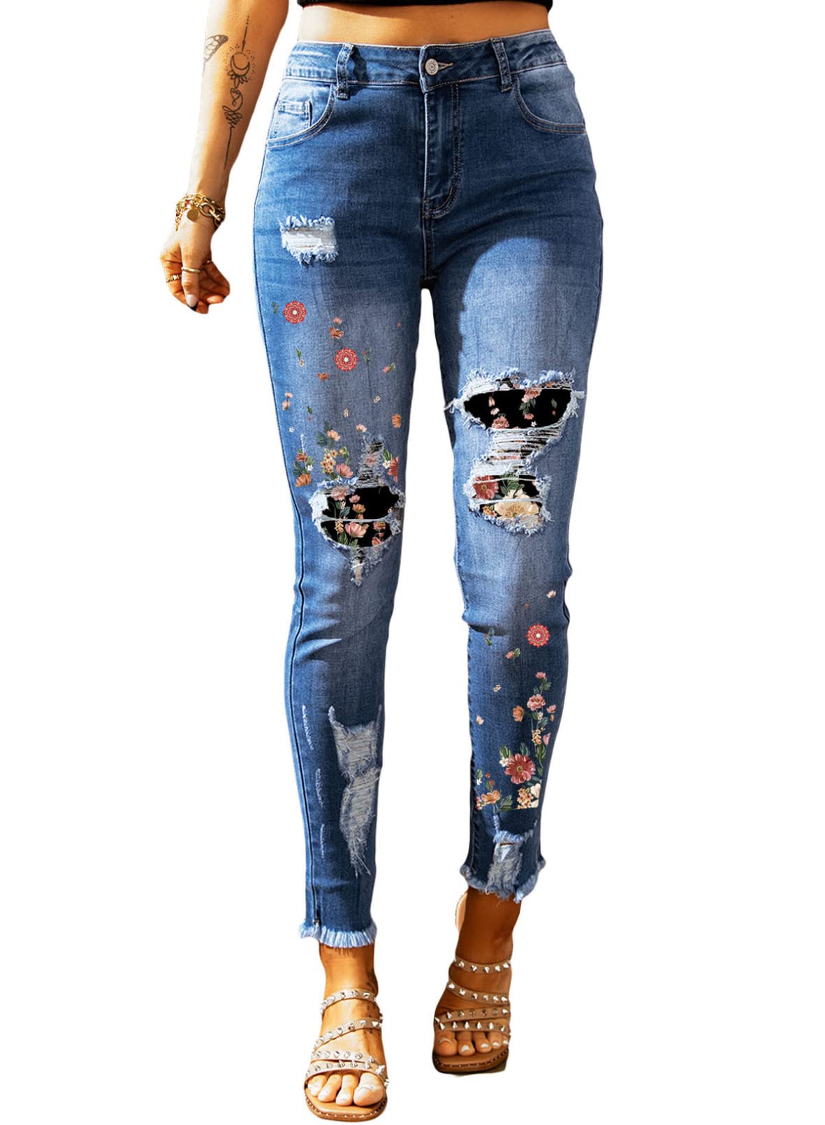 EVALESS Women's High Rise Ripped Skinny Jeans - Slim Fit Boyfriend Jeans with Raw Hem & Stretch Denim | Perfect for Casual Outfits, Street Style & Everyday Wear