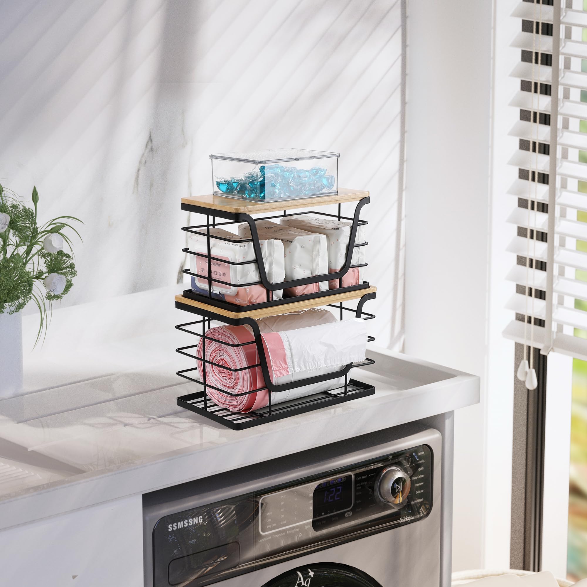 2 Pack Stackable Bamboo Top Storage Organizers for Kitchen & Laundry - Wall Mount Trash Bag Holder & Garbage Bag Dispenser - Perfect for Pantry, Bathroom, Garage Organization & Waste Management