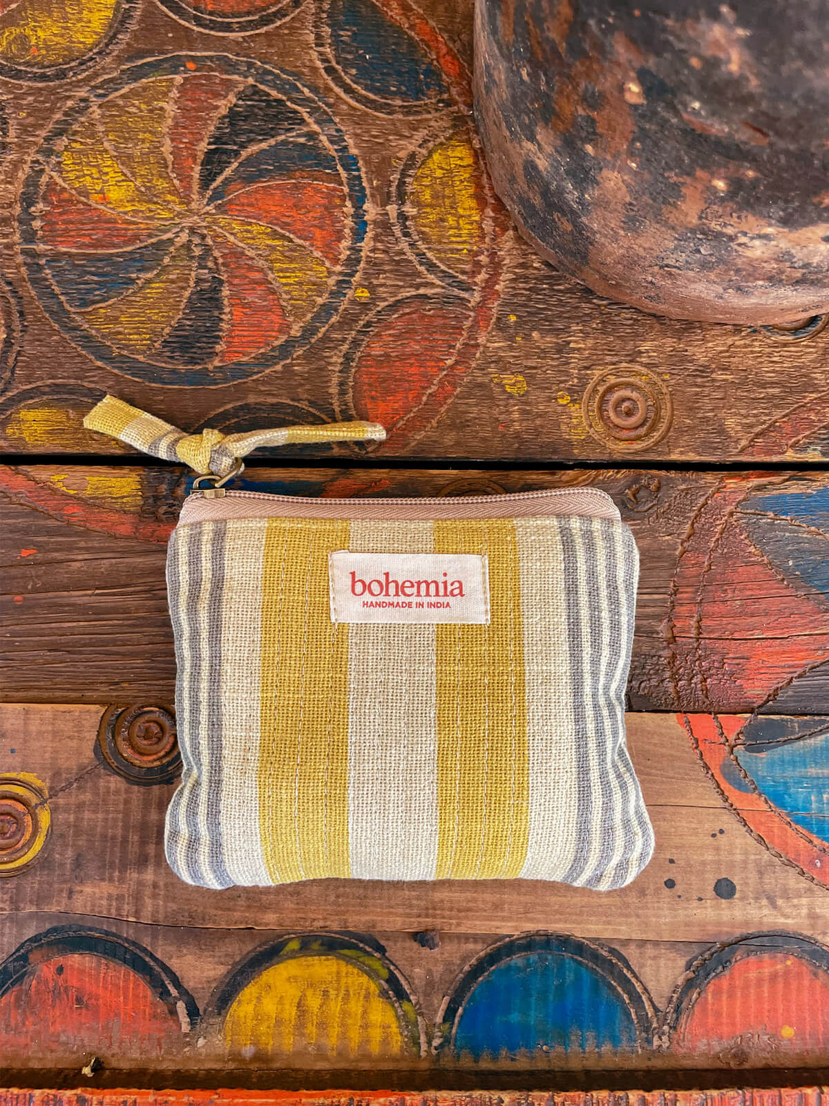 Jaipur Stripe Coin Purse - Handmade Indian Yellow Leather Wallet for Women | Perfect for Travel, Shopping & Gift Giving
