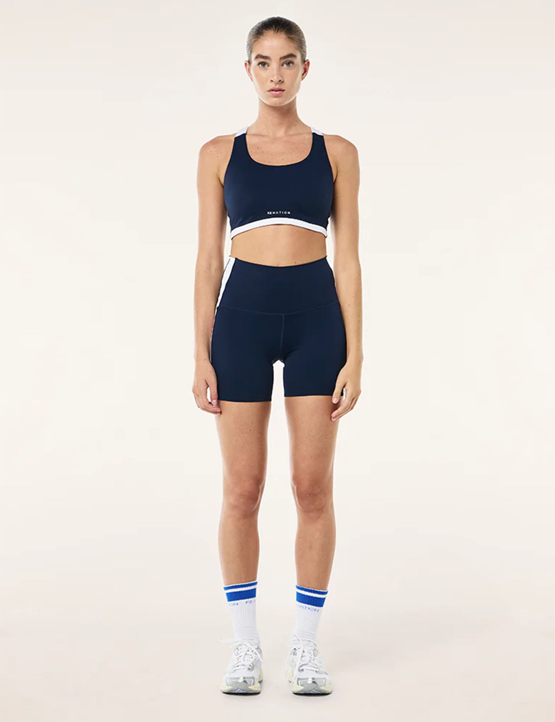 Highgate 5 Bike Shorts for Women - Dark Navy & Optic White - High Waist Cycling Shorts for Workout, Running, Yoga & Gym