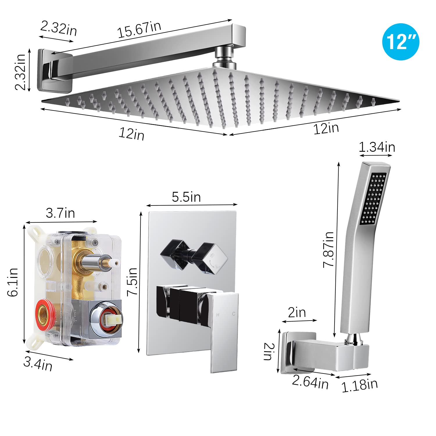 Qomolangma 12 Inch Rain Shower System - Wall Mounted Bathroom Shower Faucet Set with Pressure Balance Valve, 2-Function Shower Head (Rain & Handheld Spray) - Perfect for Modern Bathrooms & Spa-Like Shower Experience