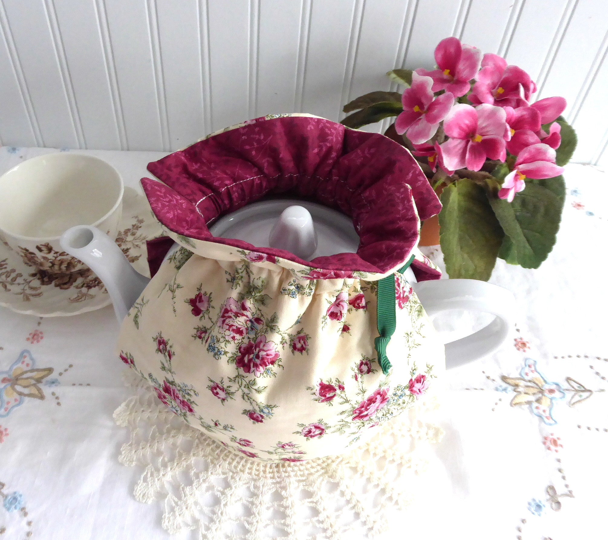 Reversible Tea Cozy with Padded Rosebuds Design - Cream & Burgundy Lining - Perfect for Tea Parties, Afternoon Tea, and Keeping Tea Warm - Made in USA