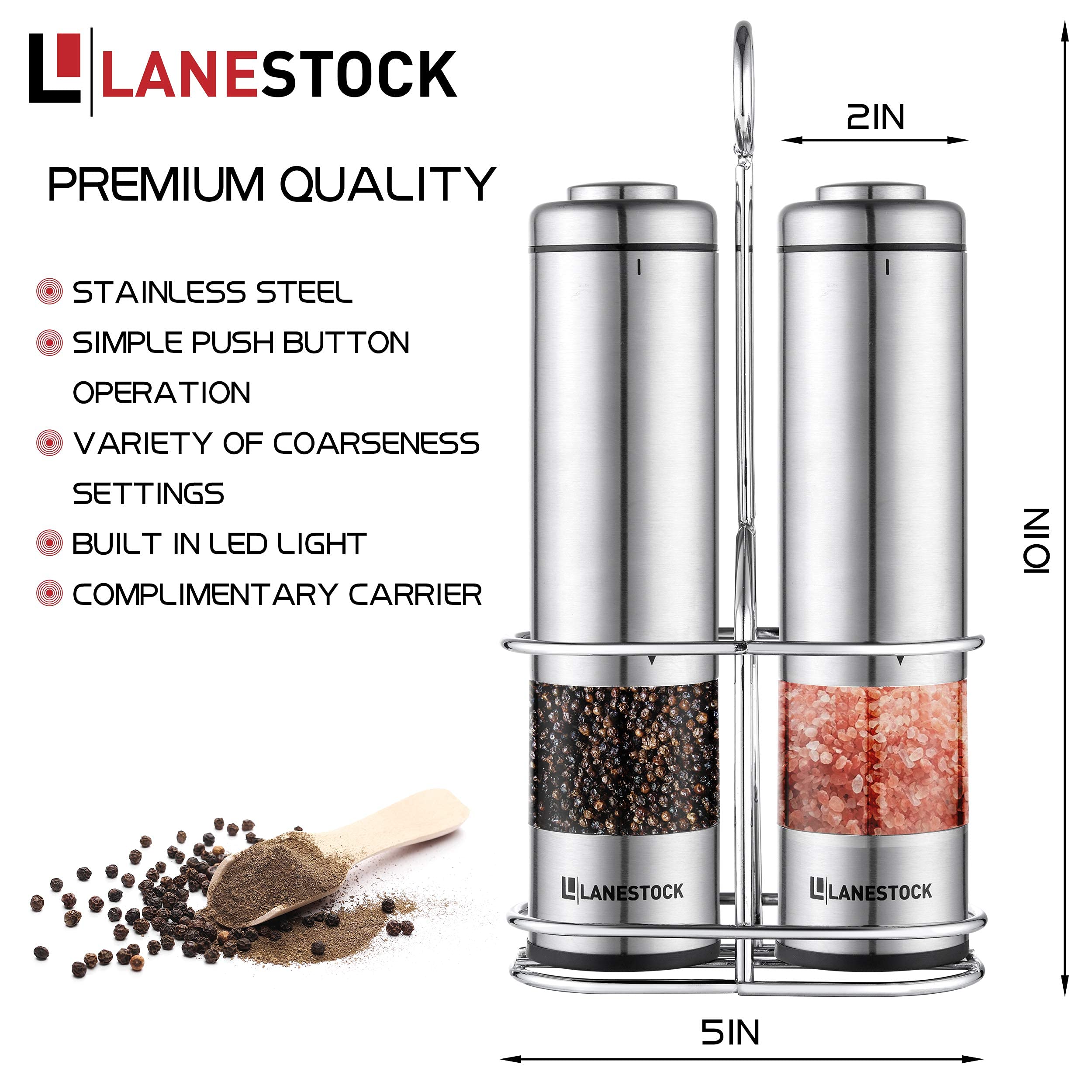 Premium Electric Salt and Pepper Grinder Set by Lanestock - Battery Operated Stainless Steel Spice Mills with Stand - Adjustable Coarseness & Built-in LED Light - Powerful Motor for Long-Lasting Performance - Perfect for Kitchen, Dining Table, and Restaurant Use