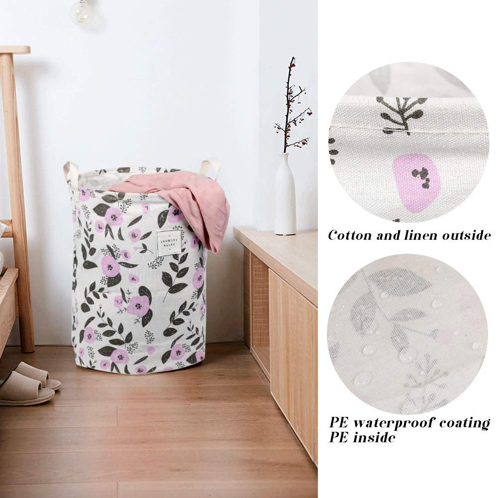 UUJOLY Collapsible Laundry Basket with Handles - Waterproof Round Cotton Linen Hamper for Clothes Storage - 19.7x15.7 Inches Purple - Perfect for Bedroom, Bathroom, Dorm & Laundry Room Organization