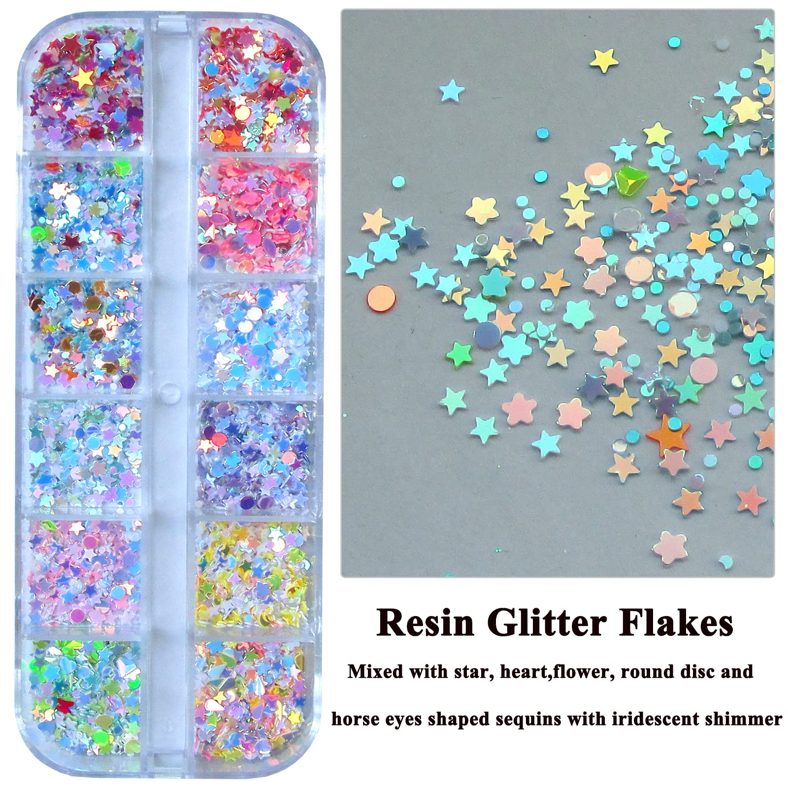 Iridescent White Nail Glitter - 4 Boxes Mylar Flakes with Holographic Stars, Hearts & Flowers | Confetti Sequins for Nail Art, Resin Crafts & Makeup | Perfect for DIY Manicures, Party Decor & Gift Wrapping