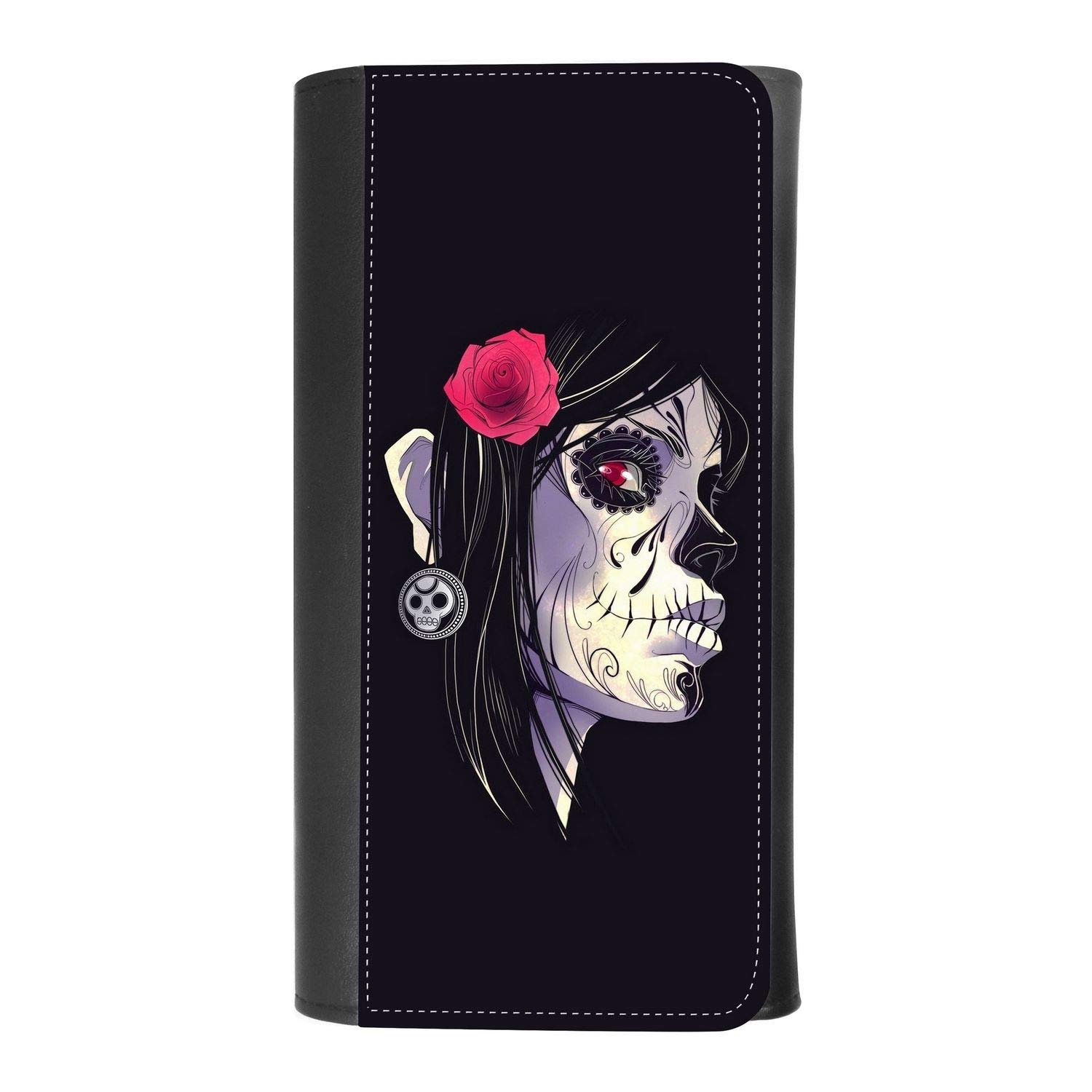 Gothic Sugar Skull Women's Leather Trifold Wallet with Credit Card Holder & Phone Pocket - Stylish Biker Wallet for Everyday Use, Travel, and Parties