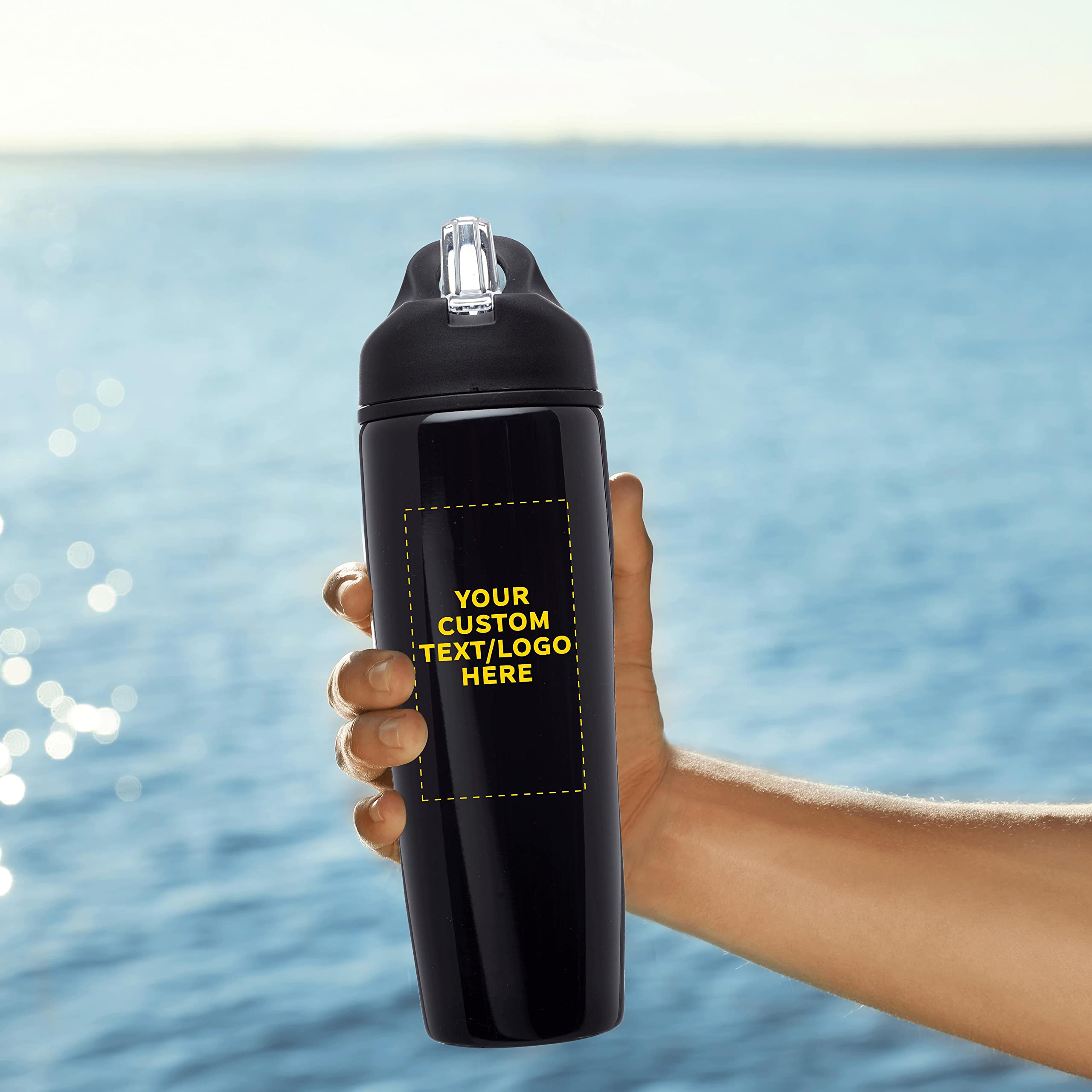 Custom Stainless Steel Water Bottle 24 Pack - Personalized Text & Logo - 28.5oz Metal Sports Bottles with Flip Top Lid - Easy Carry Handle - Black - Perfect for Team Sports, Gym, Outdoor Activities & Corporate Gifts