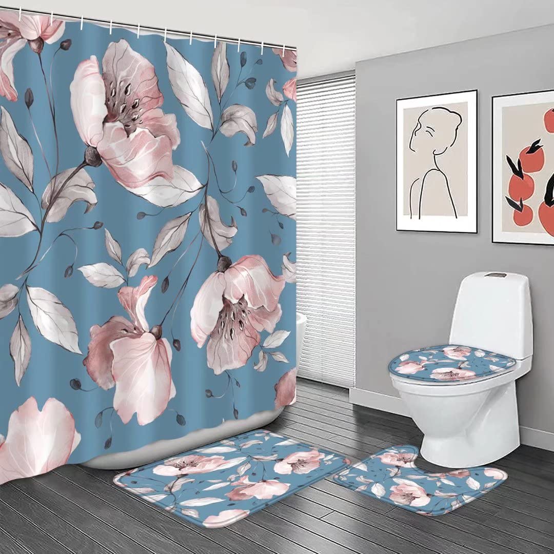 Yizheer Pink Floral Grey Leaves Blue Fabric Shower Curtain Set with Non-Slip Bath Rug, Toilet Cover & Mat - Waterproof Bathroom Decor for Modern Homes, Perfect for Guest Bathrooms & Master Suites