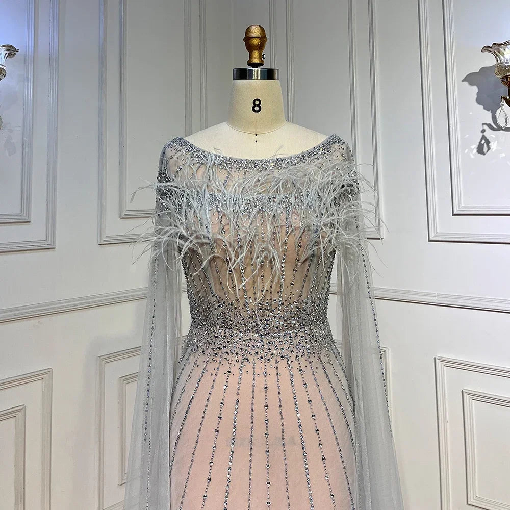 Elegant White Mermaid Evening Dress with Feather Cape & Beaded Details - Women's Formal Gown for Prom, Wedding & Special Occasions - Serene Hill LA71724