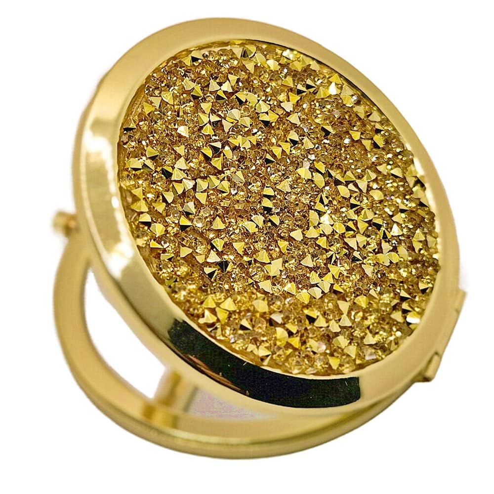 Gold Compact Mirror for Women with Mix Diamond Design - 2x & 1x Magnification Folding Pocket Mirror | Portable Travel Makeup Mirror for Purse | Perfect Gift for Her (Ideal for Travel, Home, Office & Touch-ups)