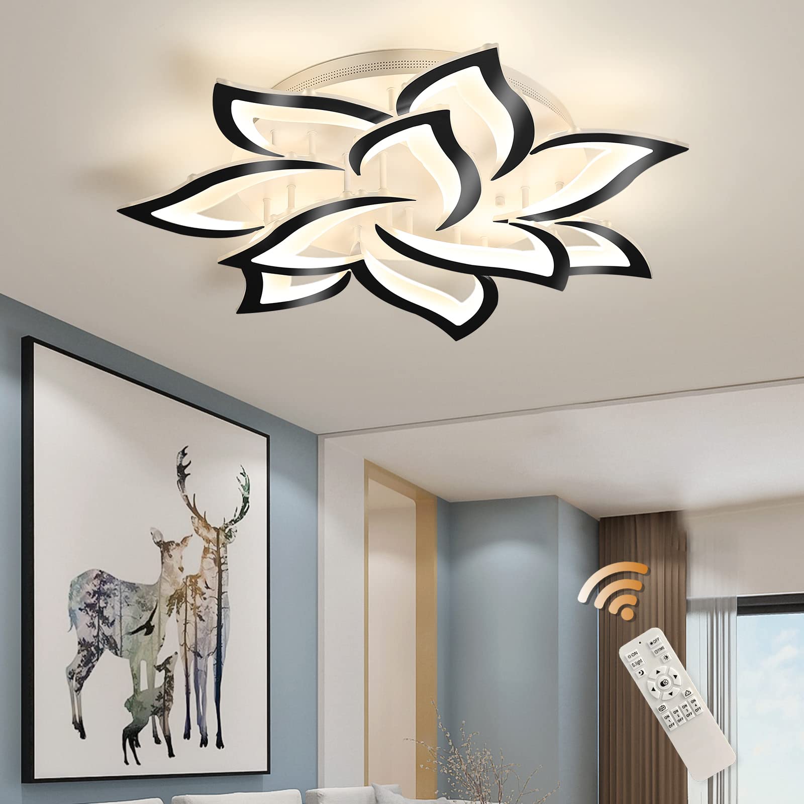 Modern LED Ceiling Light Fixture - Dimmable Flush Mount Flower Chandelier with Black Petals, 72W Energy Saving Lighting for Bedroom, Living Room & Dining Room | Elegant Home Decor & Ambient Lighting Solution